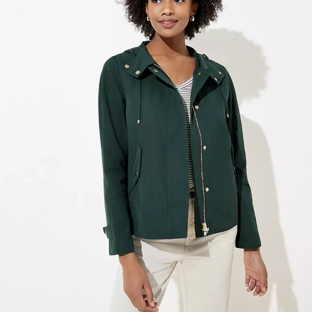 Ann Taylor LOFT Plus Forest Green Modern Raincoat Zip Front Hooded Jacket 14W